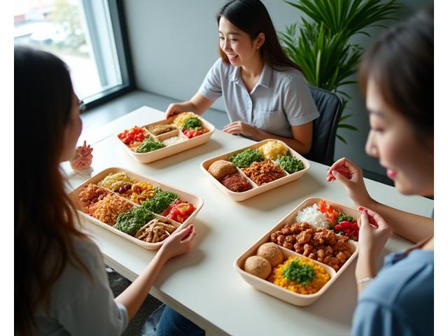 사무실 직원들이 점심 시간 한식 도시락을 즐겁게 먹는 모습