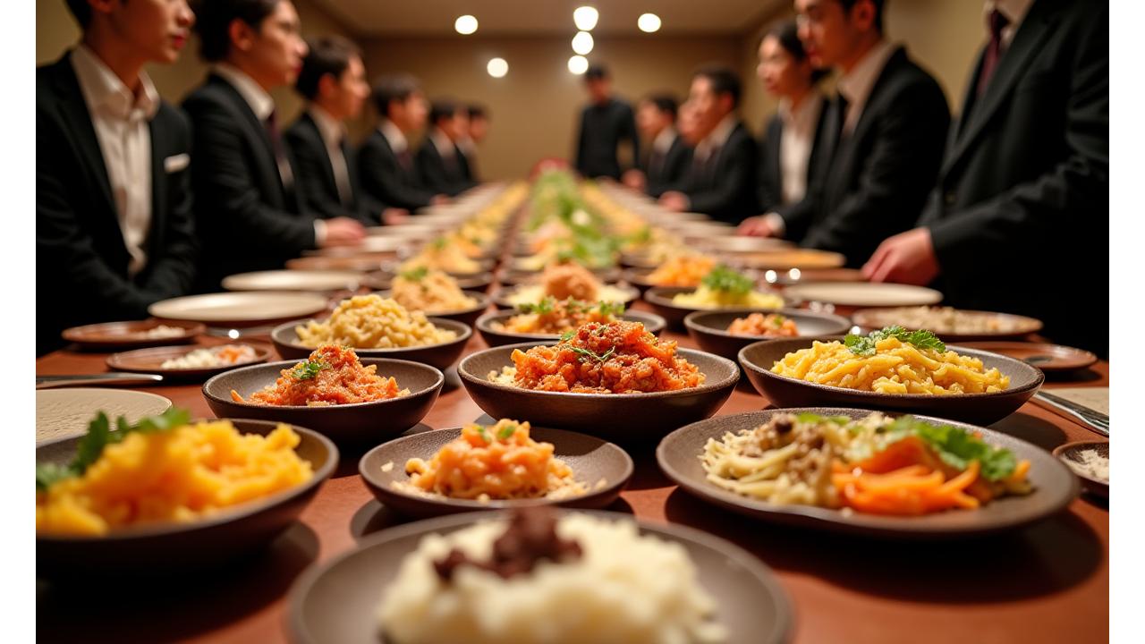 품격있는 한정식 케이터링 음식이 아름답게 차려진 기업 행사 모습
