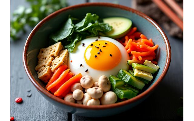 아름답게 플레이팅 된 비건 비빔밥