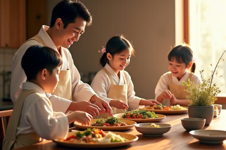 부모와 자녀가 함께 한복을 입고 전통 상차림을 준비하며 행복하게 웃는 모습