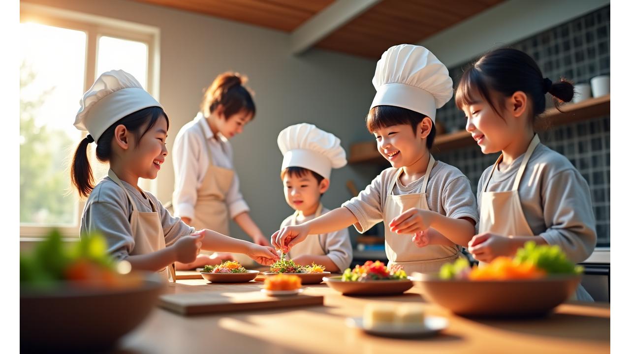 밝은 주방에서 아이들이 활짝 웃으며 한식 요리를 만들고 있는 모습