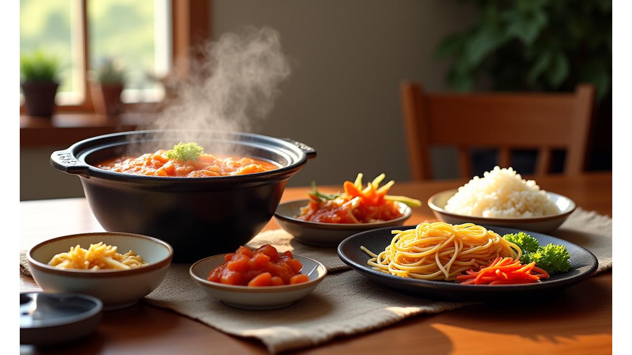 15분 만에 완성된 푸짐하고 따뜻한 김치찌개와 잡채, 밥이 차려진 한식 밀키트 식탁. 먹음직스러운 모습