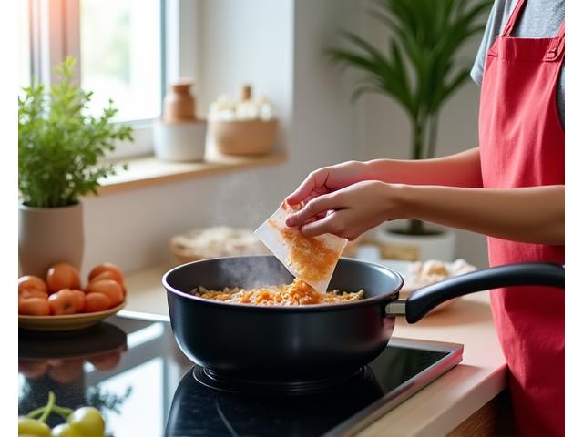 레시피 카드를 보며 냄비에 재료를 넣고 조리하는 남성의 손