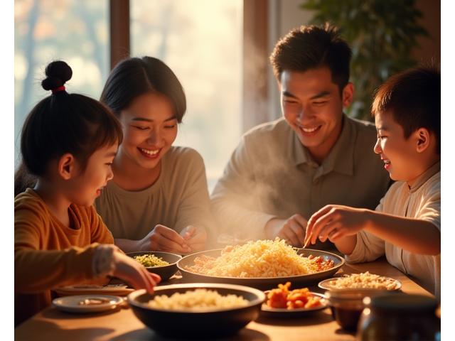 완성된 밀키트 음식을 식탁에 차려놓고 기뻐하는 가족의 모습